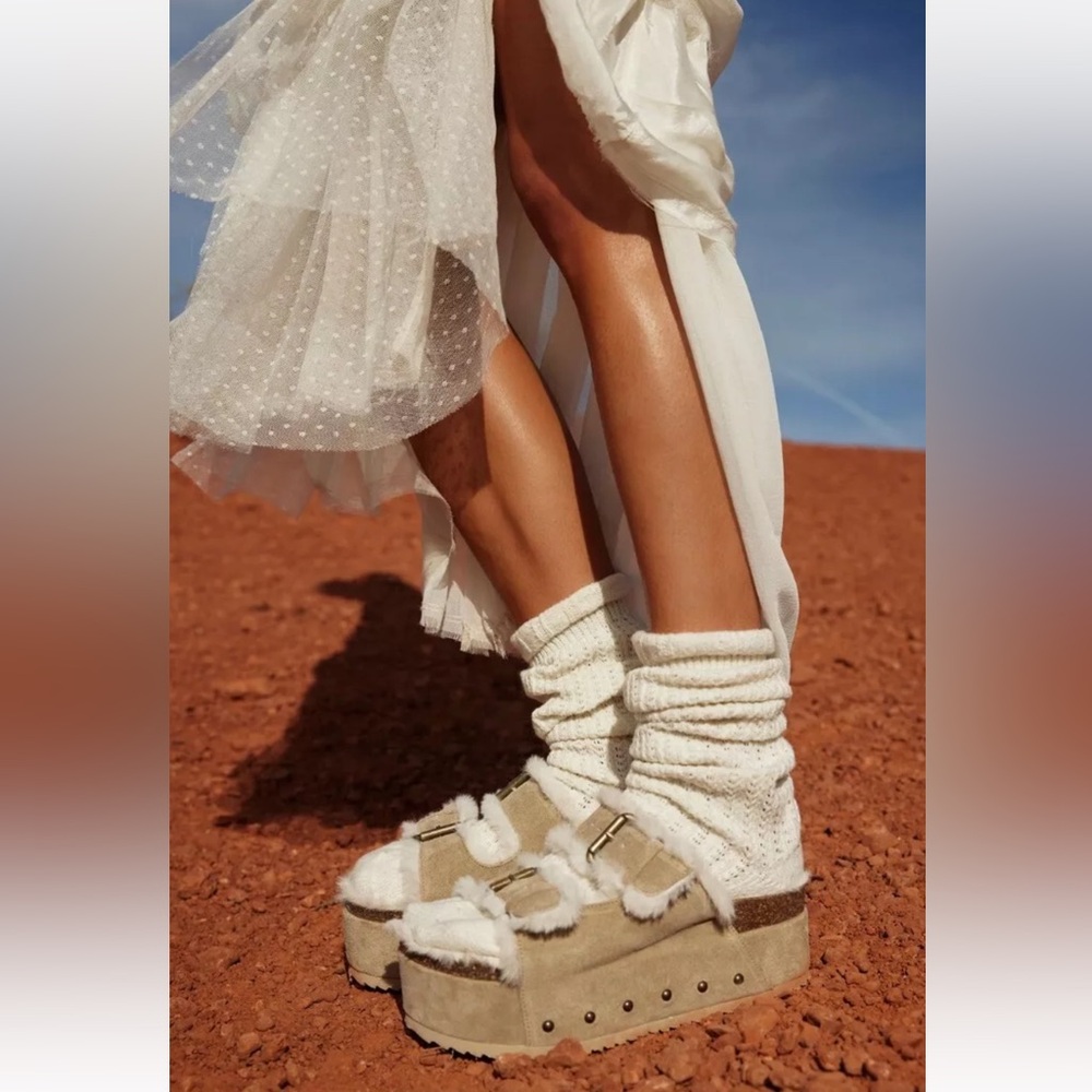 Free People Intentionally Blank Rule Sherpa Breaker Sandal Tan Suede Ivory